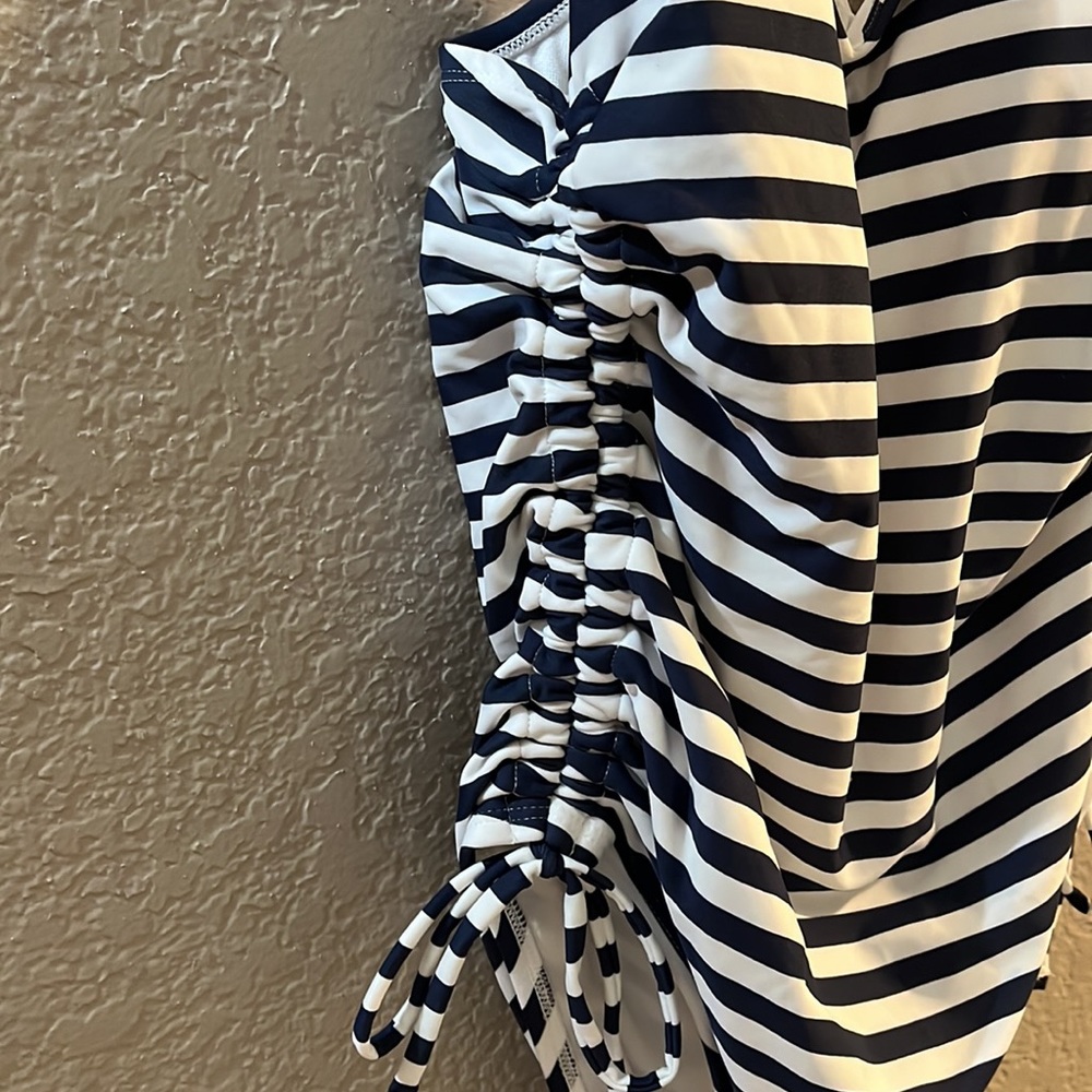 Kona Sol Swim Suit Bathing Suit High Coverage One Piece Navy Blue Stripes - Picture 2 of 8